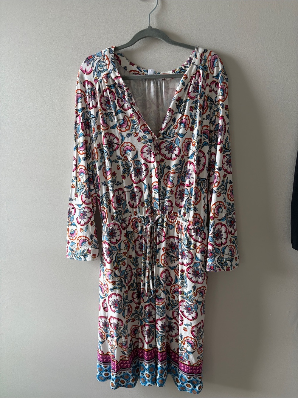 DR2 White Floral V-Neck Robe Dress with Pink, Blue & Gold Accents